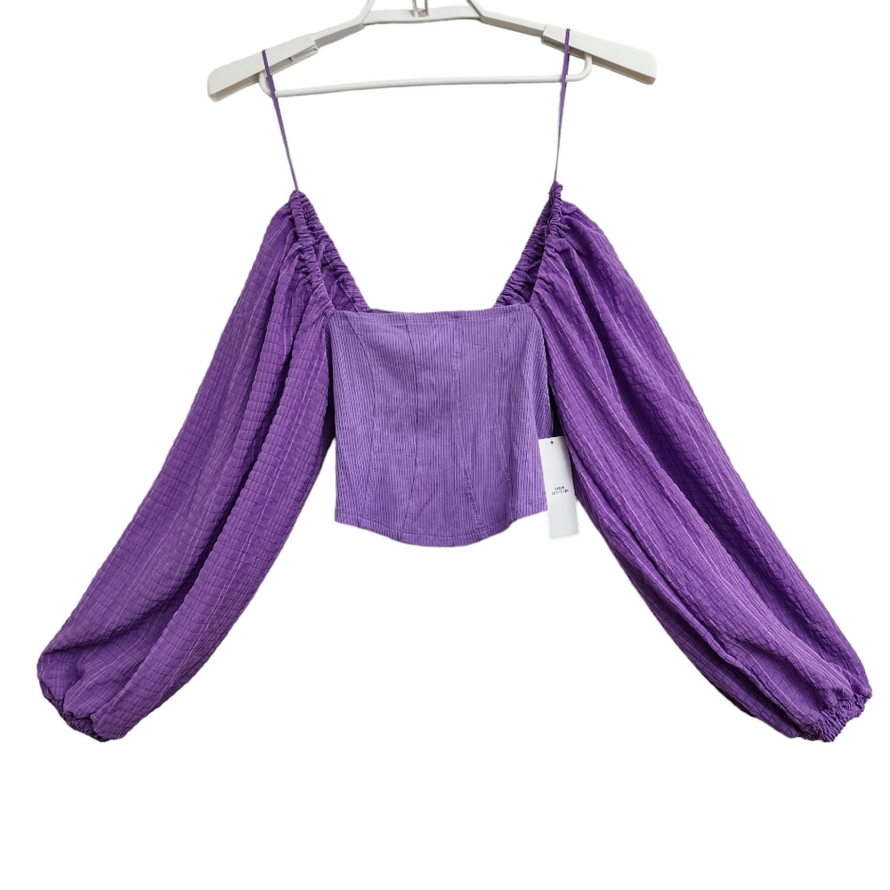 NWT Urban Outfitters Claudia Puff Chiffon Sleeve Blouse Stretch Knit Crop Top